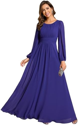 Ever-Pretty Women's A-Line Pleated Chiffon Formal Dress - Long Lantern Sleeves - Elegant Floor Length Evening Gown - Per