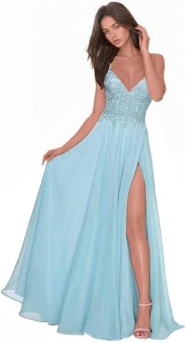Chiffon Prom Dress for Women with Lace Appliques | Elegant Spaghetti Strap Ball Gown with Slit | Perfect for Formal Even