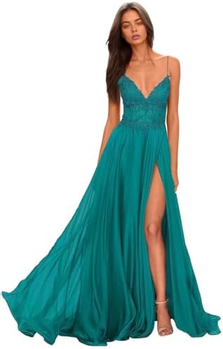 Chiffon Prom Dress for Women with Lace Appliques | Elegant Spaghetti Strap Ball Gown with Slit | Perfect for Formal Even