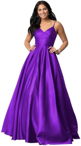 Fu Jiang Satin Prom Dresses with Spaghetti Straps for Women - Long Formal Evening Gowns with Pockets, Pleated Design, OE