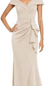 MARTINLEE Off Shoulder Satin Mother of the Bride Dress for Women | Long Ruched Mermaid Evening Gown | Elegant Formal Wea