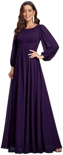 Ever-Pretty Women's A-Line Pleated Chiffon Formal Dress - Long Lantern Sleeves - Elegant Floor Length Evening Gown - Per