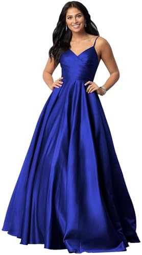 Fu Jiang Satin Prom Dresses with Spaghetti Straps for Women - Long Formal Evening Gowns with Pockets, Pleated Design, OE