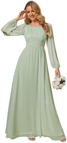 Ever-Pretty Women's A-Line Pleated Chiffon Formal Dress - Long Lantern Sleeves - Elegant Floor Length Evening Gown - Per