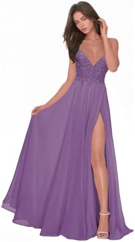 Chiffon Prom Dress for Women with Lace Appliques | Elegant Spaghetti Strap Ball Gown with Slit | Perfect for Formal Even