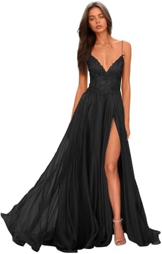Chiffon Prom Dress for Women with Lace Appliques | Elegant Spaghetti Strap Ball Gown with Slit | Perfect for Formal Even