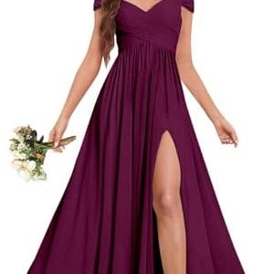 Fu Jiang Women's Off The Shoulder Bridesmaid Dresses - Long Chiffon Evening Gown with Pockets in Plum - Size 12 - Formal