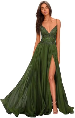 Chiffon Prom Dress for Women with Lace Appliques | Elegant Spaghetti Strap Ball Gown with Slit | Perfect for Formal Even