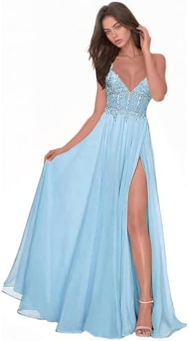 Chiffon Prom Dress for Women with Lace Appliques | Elegant Spaghetti Strap Ball Gown with Slit | Perfect for Formal Even