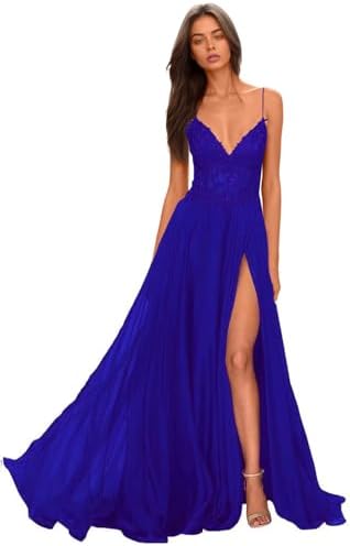 Chiffon Prom Dress for Women with Lace Appliques | Elegant Spaghetti Strap Ball Gown with Slit | Perfect for Formal Even
