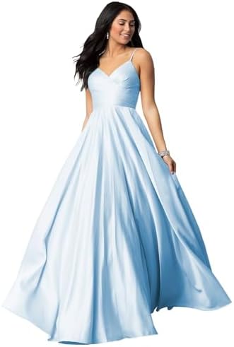 Fu Jiang Satin Prom Dresses with Spaghetti Straps for Women - Long Formal Evening Gowns with Pockets, Pleated Design, OE