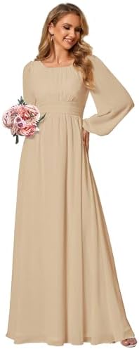 Ever-Pretty Women's A-Line Pleated Chiffon Formal Dress - Long Lantern Sleeves - Elegant Floor Length Evening Gown - Per