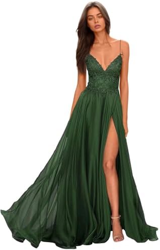 Chiffon Prom Dress for Women with Lace Appliques | Elegant Spaghetti Strap Ball Gown with Slit | Perfect for Formal Even