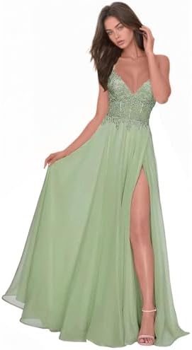 Chiffon Prom Dress for Women with Lace Appliques | Elegant Spaghetti Strap Ball Gown with Slit | Perfect for Formal Even