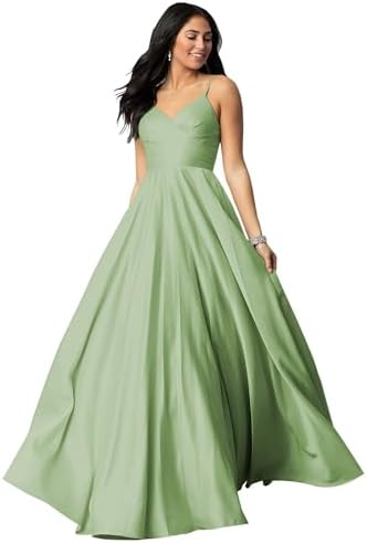 Fu Jiang Satin Prom Dresses with Spaghetti Straps for Women - Long Formal Evening Gowns with Pockets, Pleated Design, OE
