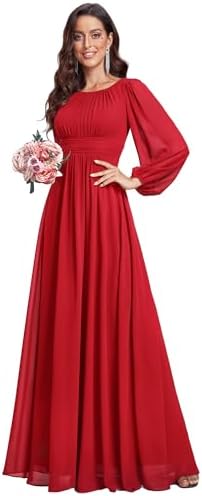 Ever-Pretty Women's A-Line Pleated Chiffon Formal Dress - Long Lantern Sleeves - Elegant Floor Length Evening Gown - Per