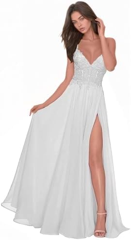 Chiffon Prom Dress for Women with Lace Appliques | Elegant Spaghetti Strap Ball Gown with Slit | Perfect for Formal Even