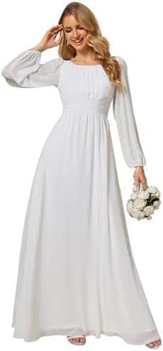 Ever-Pretty Women's A-Line Pleated Chiffon Formal Dress - Long Lantern Sleeves - Elegant Floor Length Evening Gown - Per