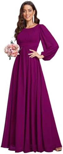 Ever-Pretty Women's A-Line Pleated Chiffon Formal Dress - Long Lantern Sleeves - Elegant Floor Length Evening Gown - Per