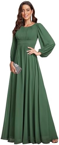 Ever-Pretty Women's A-Line Pleated Chiffon Formal Dress - Long Lantern Sleeves - Elegant Floor Length Evening Gown - Per