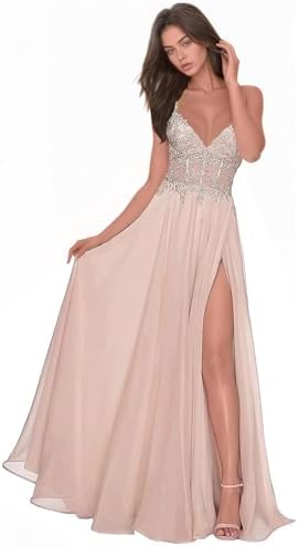 Chiffon Prom Dress for Women with Lace Appliques | Elegant Spaghetti Strap Ball Gown with Slit | Perfect for Formal Even