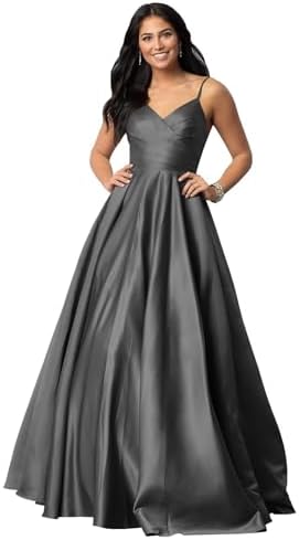 Fu Jiang Satin Prom Dresses with Spaghetti Straps for Women - Long Formal Evening Gowns with Pockets, Pleated Design, OE