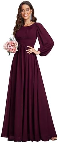 Ever-Pretty Women's A-Line Pleated Chiffon Formal Dress - Long Lantern Sleeves - Elegant Floor Length Evening Gown - Per