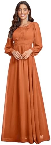 Ever-Pretty Women's A-Line Pleated Chiffon Formal Dress - Long Lantern Sleeves - Elegant Floor Length Evening Gown - Per