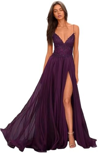 Chiffon Prom Dress for Women with Lace Appliques | Elegant Spaghetti Strap Ball Gown with Slit | Perfect for Formal Even
