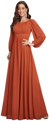 Ever-Pretty Women's A-Line Pleated Chiffon Formal Dress - Long Lantern Sleeves - Elegant Floor Length Evening Gown - Per