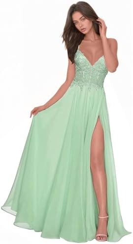 Chiffon Prom Dress for Women with Lace Appliques | Elegant Spaghetti Strap Ball Gown with Slit | Perfect for Formal Even