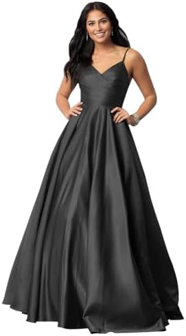 Fu Jiang Satin Prom Dresses with Spaghetti Straps for Women - Long Formal Evening Gowns with Pockets, Pleated Design, OE