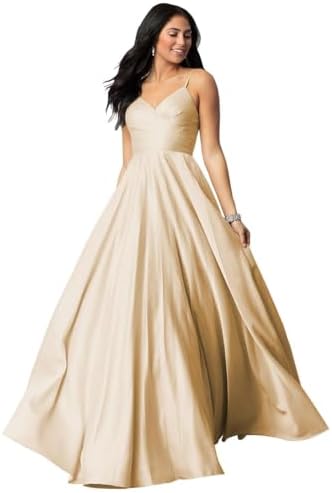 Fu Jiang Satin Prom Dresses with Spaghetti Straps for Women - Long Formal Evening Gowns with Pockets, Pleated Design, OE