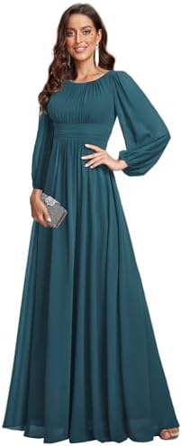 Ever-Pretty Women's A-Line Pleated Chiffon Formal Dress - Long Lantern Sleeves - Elegant Floor Length Evening Gown - Per