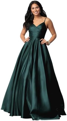 Fu Jiang Satin Prom Dresses with Spaghetti Straps for Women - Long Formal Evening Gowns with Pockets, Pleated Design, OE