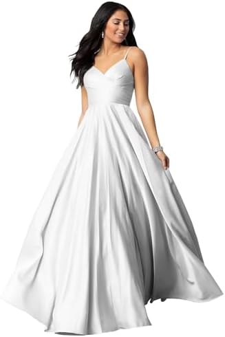 Fu Jiang Satin Prom Dresses with Spaghetti Straps for Women - Long Formal Evening Gowns with Pockets, Pleated Design, OE