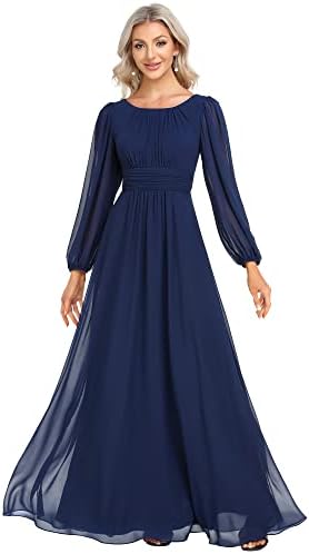 Ever-Pretty Women's A-Line Pleated Chiffon Formal Dress - Long Lantern Sleeves - Elegant Floor Length Evening Gown - Per