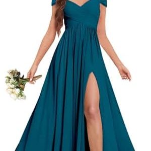 Fu Jiang Off The Shoulder Bridesmaid Dresses with Pockets - Peacock Pleated Chiffon Evening Dress for Women - Formal Sli