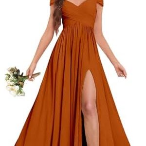 Fu Jiang Off The Shoulder Bridesmaid Dresses - Burnt Orange Long Split Chiffon Formal Gown for Weddings - Size 8 - OEKO-