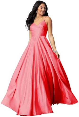 Fu Jiang Satin Prom Dresses with Spaghetti Straps for Women - Long Formal Evening Gowns with Pockets, Pleated Design, OE