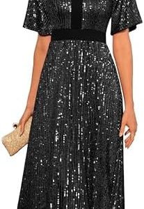 GRACE KARIN Sequin Cocktail Dress for Women | V Neck Ruffle Sleeve | Empire Waist | Sparkly A Line Formal Wear | Elegant