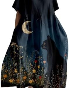 MARSVOVO Summer Dress for Women | Cute Short Sleeve Maxi Dress | Plus Size Casual Party Dress with Funny Cat Graphic | P