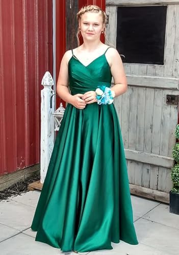 Fu Jiang Satin Prom Dresses with Spaghetti Straps for Women - Long Formal Evening Gowns with Pockets, Pleated Design, OE