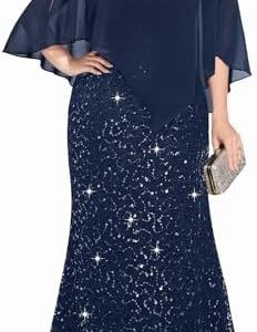 Pinup Fashion Plus Size Evening Sequin Lace Mermaid Prom Dress with Chiffon Overlay Cape for Elegant Night Out