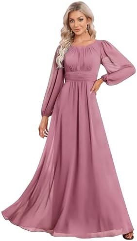 Ever-Pretty Women's A-Line Pleated Chiffon Formal Dress - Long Lantern Sleeves - Elegant Floor Length Evening Gown - Per
