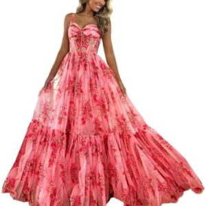 Women's Printed Floral Chiffon Prom Dress | A-Line Spaghetti Straps | Elegant Evening & Bridesmaid Gown | Long Ruffled D