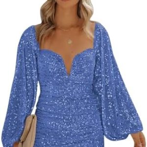 Fu Jiang Long Sleeve Sequin Homecoming Dresses for Teens - Sparkly Tight Cocktail Prom Dress - Perfect for Parties & Eve