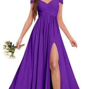 Fu Jiang Purple Chiffon Bridesmaid Dresses for Girls | Long Slit Off The Shoulder Formal Evening Gowns with Pockets | Si