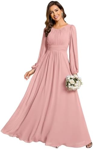 Ever-Pretty Women's A-Line Pleated Chiffon Formal Dress - Long Lantern Sleeves - Elegant Floor Length Evening Gown - Per