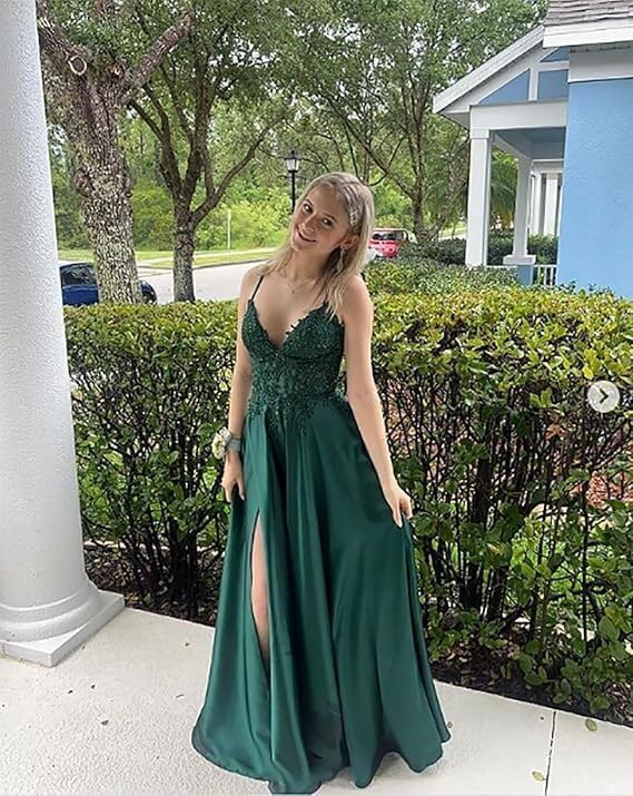 Chiffon Prom Dress for Women with Lace Appliques | Elegant Spaghetti Strap Ball Gown with Slit | Perfect for Formal Even